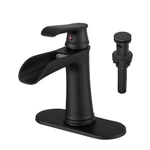 Single Handle Single Hole Bathroom Faucet with Deck Plate Included, Pop Up Drain and Water Supply Hoses in Matte Black