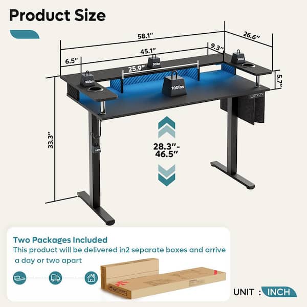 58 in. Rectangular Black Carbon Fiber Wood Sit to Stand Desk with Monitor Stand and Cup Holder