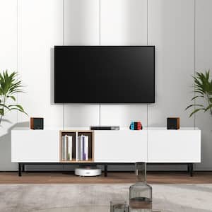 Modern White TV Stand Fits up to 80 in. TV with Drop Down Cabinets