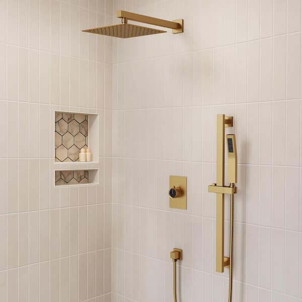 EVERSTEIN 2-Spray Patterns 10 in. Dual Shower Head Wall Mount Fixed Shower Head 2.5 GPM with Handheld in Brushed Gold