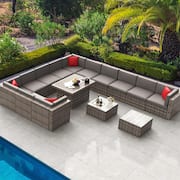 15-Piece Wicker Patio Conversation Set with Gray Cushions Patio Fire Pit