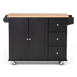 Black Rolling Kitchen Cart Utility Storage Cabinet With Natural Wood Top & Wheels