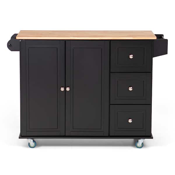PHI VILLA Black Rolling Kitchen Cart Utility Storage Cabinet With Natural Wood Top & Wheels