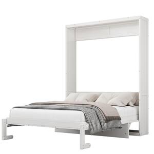 White Wood Frame Full Size Murphy Bed, Folding Wall Bed with Desktop