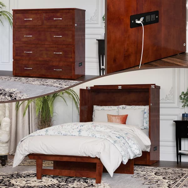 Northfield Walnut Brown Solid Wood Frame Twin XL Murphy Bed with Mattress and Built In Charging Station