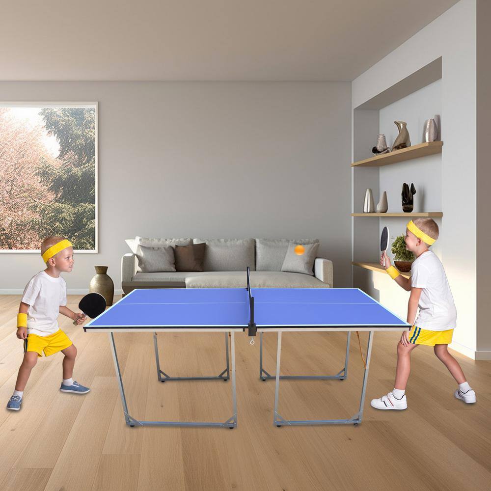 6ft Blue Foldable Outdoor Table Tennis Set with Net and Paddles