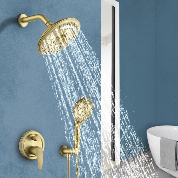 9-Spray Patterns with 2.5GPM Round 8 in. Wall Mounted Rain Dual Shower Heads and Handheld in Brushed Gold
