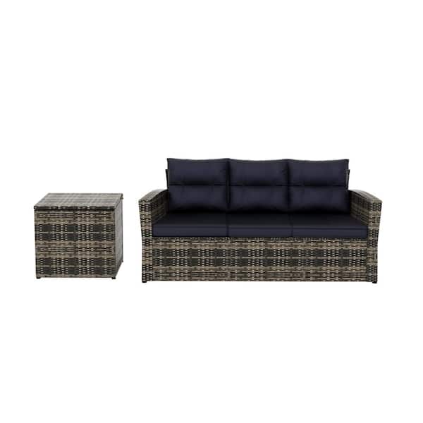 WESTIN OUTDOOR Alpine 2-Piece Rattan Wicker Outdoor Sofa Couch and Side Table Set with Navy Blue Cushions