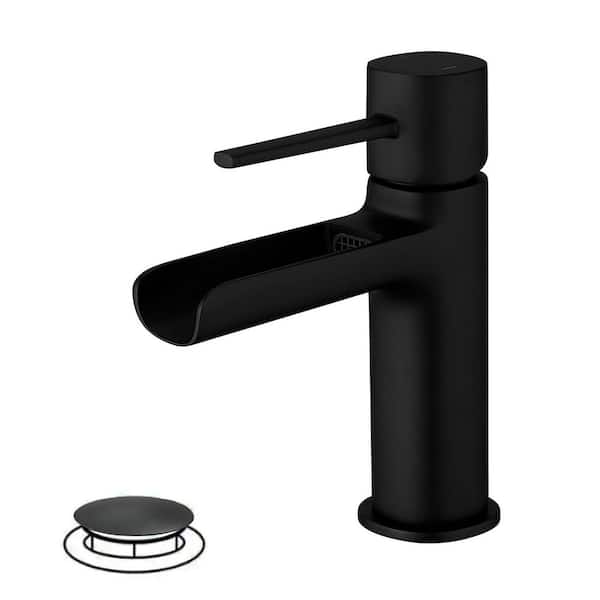 Single Handle Single Hole Bathroom Faucet with Drain Kit Included and Adjustable Flow Rate in Matte Black