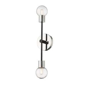 2-Light Matte Black and Polished Nickel Wall Sconce with Clear Glass Shade