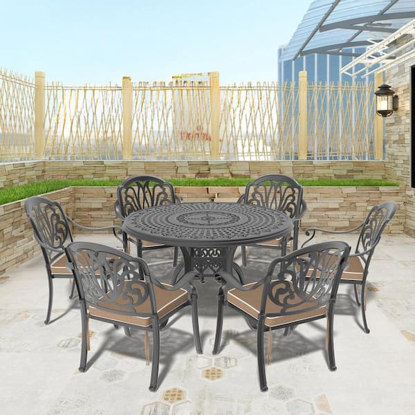 Willit Elizabeth Black 7-Piece Cast Aluminum Outdoor Dining Set with Round Table, Dining Chairs and Random Color Seat Cushion
