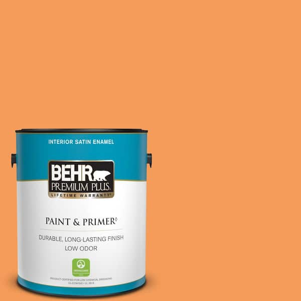 BEHR PREMIUM PLUS 1 gal. #260B-6 Blaze Orange Satin Enamel Low Odor Interior Paint & Primer