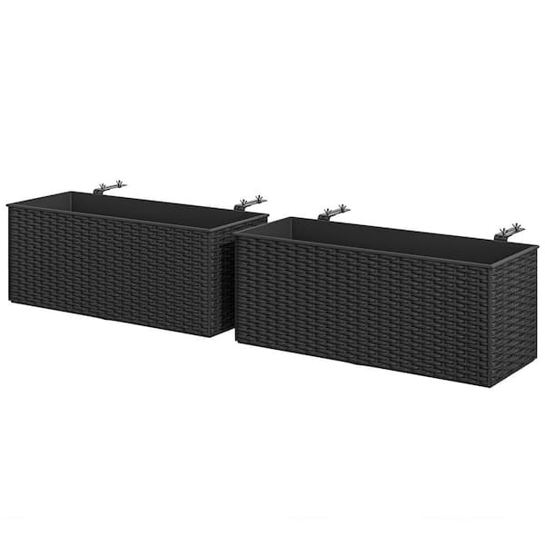 Outsunny Metal Raised Planter Box, Set of 2, Self-Watering Hanging Flower Pots for Fence, Garden, Rattan Look, Black