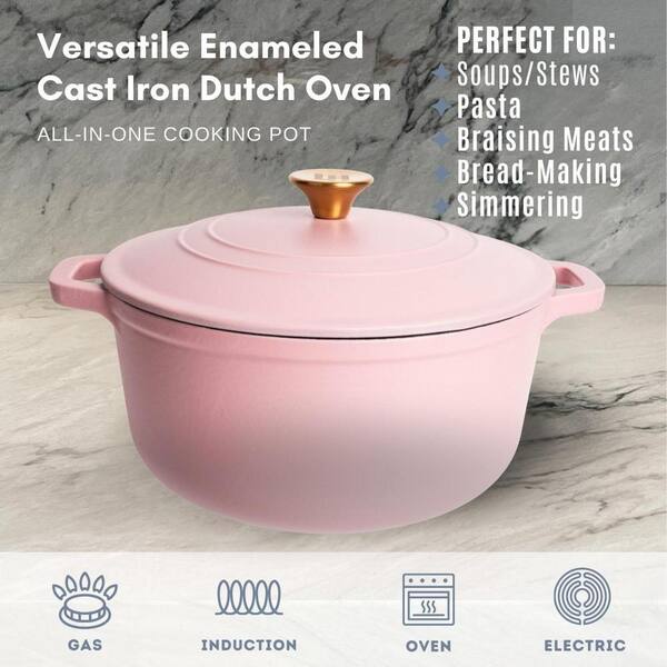 LEXI HOME 6 qt. Round Cast Iron Dutch Oven in Matte Pink with Lid