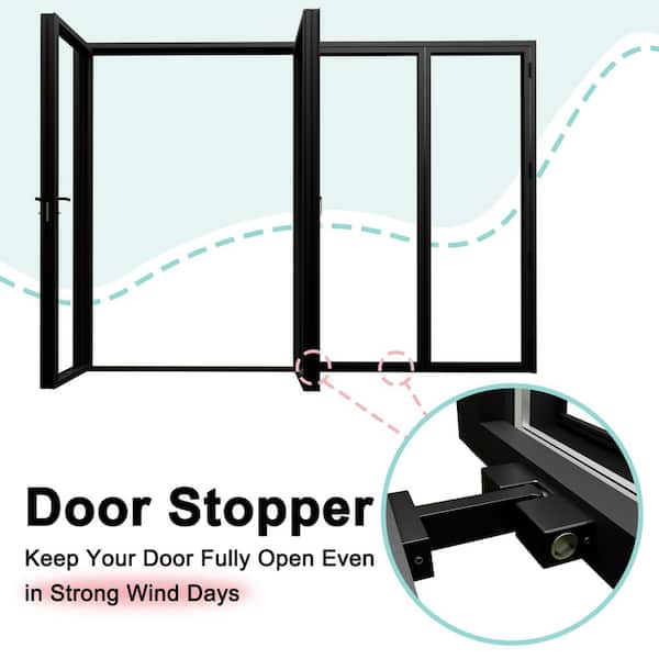 144 in. x 80 in. Left Swing Tempered Glass Black Aluminum Folding Patio Door with Door Stopper (3-Folding Plus 1-Swing)