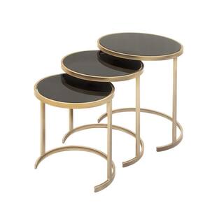 18 in. Gold Nesting Large Round Glass End Accent Table with Black Glass Top (3- Pieces)