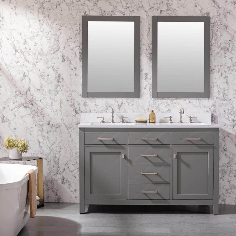 Gray and White 54'' Double Freestanding Bathroom Vanity with Engineered Stone Top