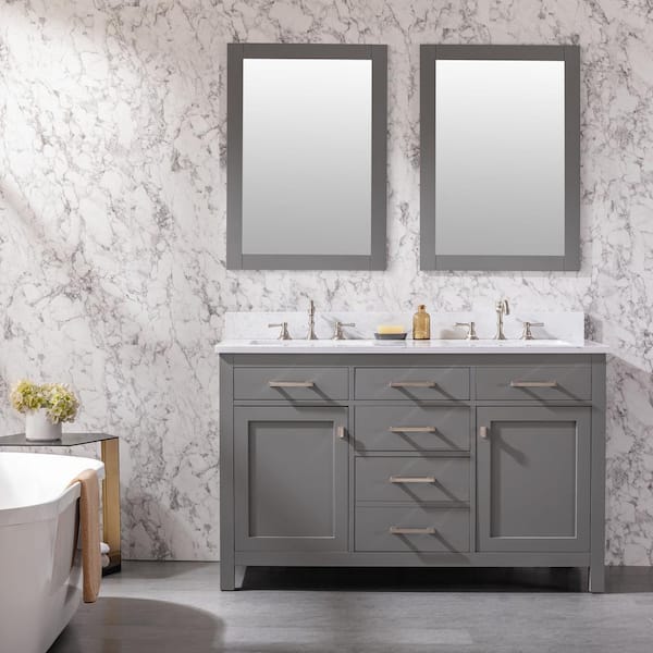 Jasper 54 in. W x 22 in. D Bath Vanity in Gray with Engineered Stone Vanity Top in Carrara White with White Sinks