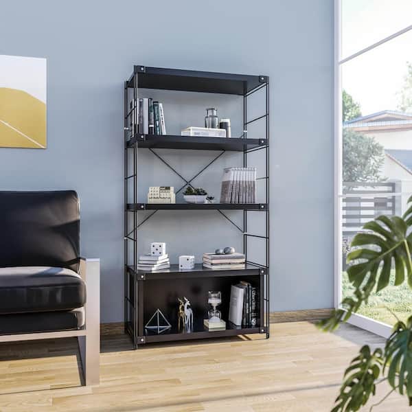 Leisuremod Brentwood 66 in. Tall Etagere Bookcase with Black Stainless Steel Frame and 4-Melamine Board Shelves in Black
