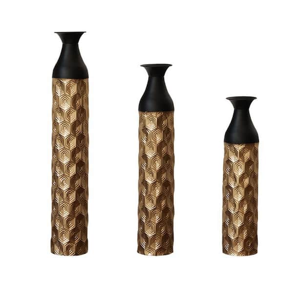 Avex 25/29/34 in. H Black Gold Metal Cylinder Decorative Vase Set (3-Pieces)