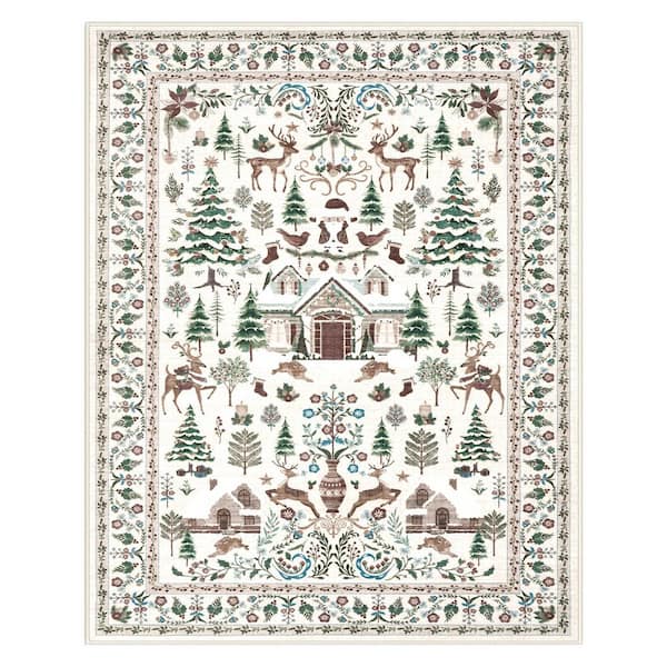 Washable Vintage Christmas Woodland Cabin Pattern Non Slip Beige 8 ft. x 10 ft. Living Room/Bedroom Indoor Area Rug