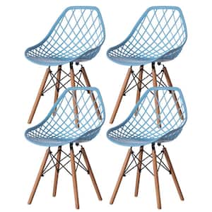 Mid-Century Modern Blue Style Plastic DSW Shell Dining Side Chair with Lattice Back and Wooden Dowel Eiffel Legs (Set 4)