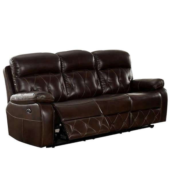 Benjara 83.88 in. Pillow Top Arm Faux Leather Rectangle Power Recliner Sofa in. Brown