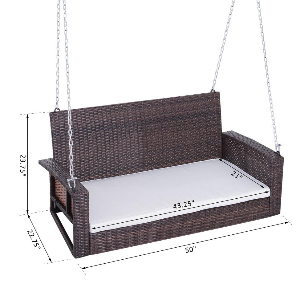 Brown Wicker 2-Person Outdoor Hanging Swing Bench with Cushions