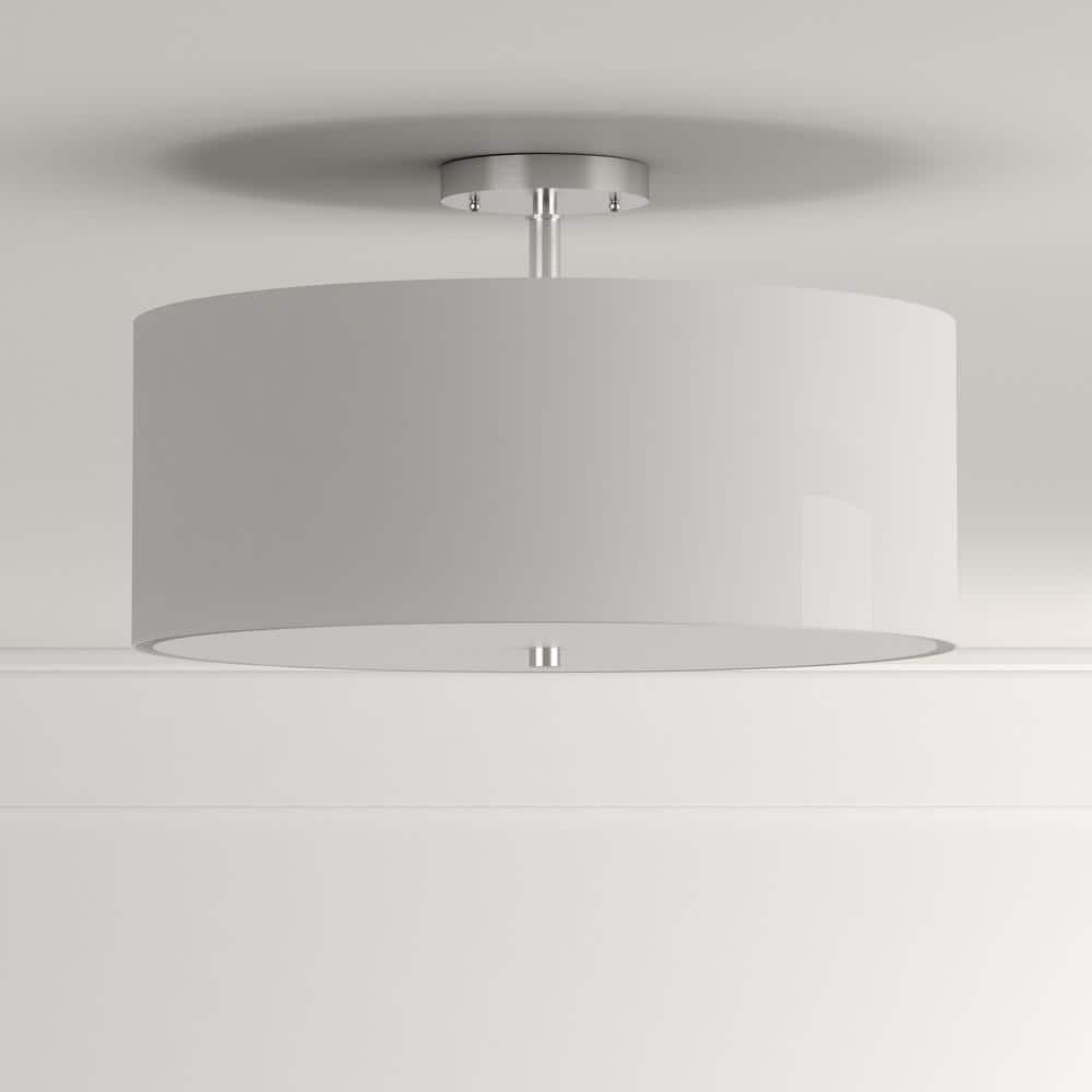 Clara 16" White Cotton Drum Ceiling Light with Chrome Accents