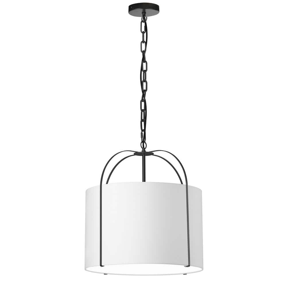 Quincy 1-Light Matte Black Shaded Pendant Light with White Fabric Shade
