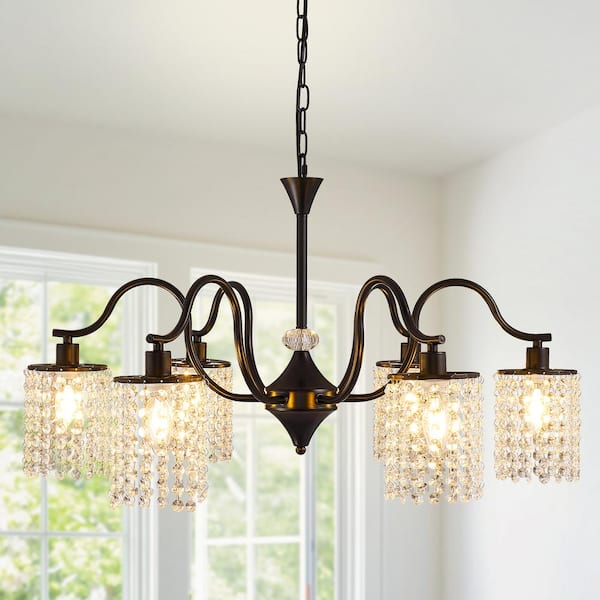 Magic Home 29.92 in. 6-Light Mordern Black Chandelier with K9 Crystals