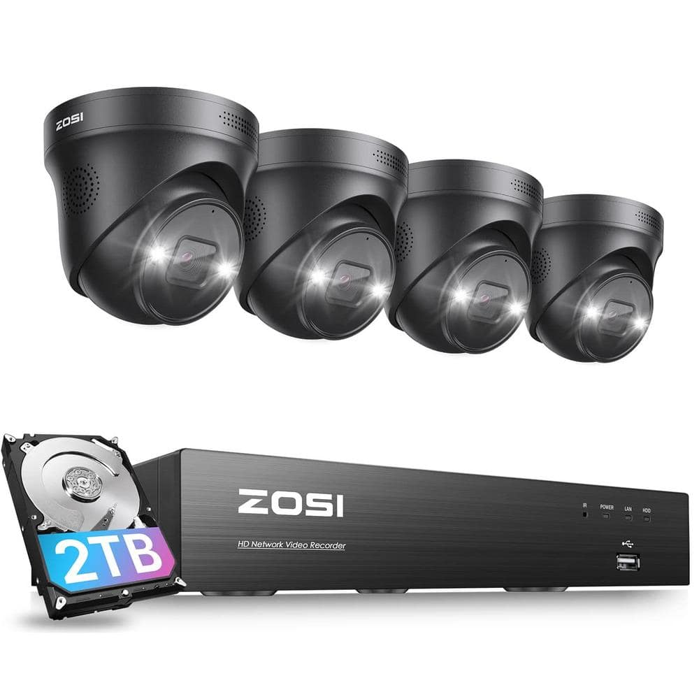ZOSI 4K 8-Channel 2TB PoE NVR Security Camera System with 4 8MP Wired Black  Spotlight Cameras, Color Night Vision, 2-Way Talk ZR08HN-ZM2258D-B4 - The  