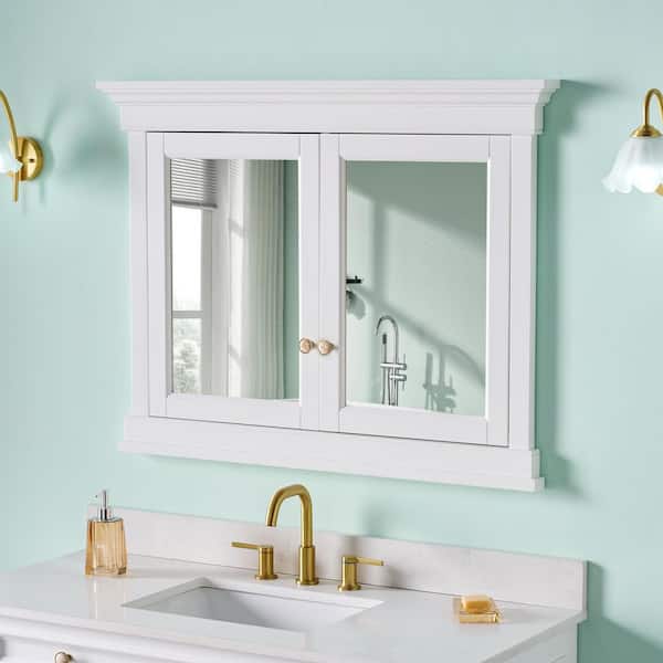 42 in. W x 32 in. H Rectangular Recessed Solid Wood Bathroom Medicine Cabinet with Mirror, Bi-View Glass Door BLUM Hinge