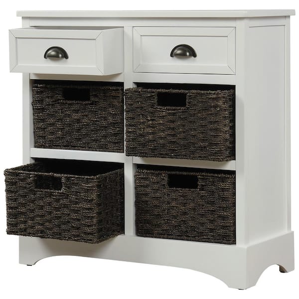 Unbranded White 28 in. H Rustic Storage Cabinet with 2-Drawers and Four Classic Rattan Basket for Dining Room Living Room