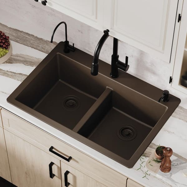 Brown Quartz/Granite 33 in. 50/50 Double Bowl Composite Drop-in Kitchen Sink