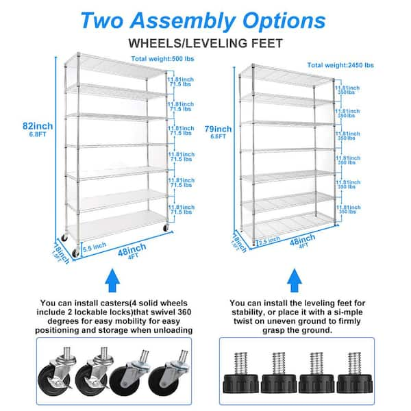 FUNKOL 7-Layer Metal White Kitchen Organizers Storage Rack with Wheels, Adjustable Height, Suitable for Kitchen, Living Room