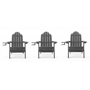 Dark Gray Foldable Plastic Outdoor Patio Adirondack Chair with Cup Holder for Garden/Backyard/Pool/Beach (Set of 3)