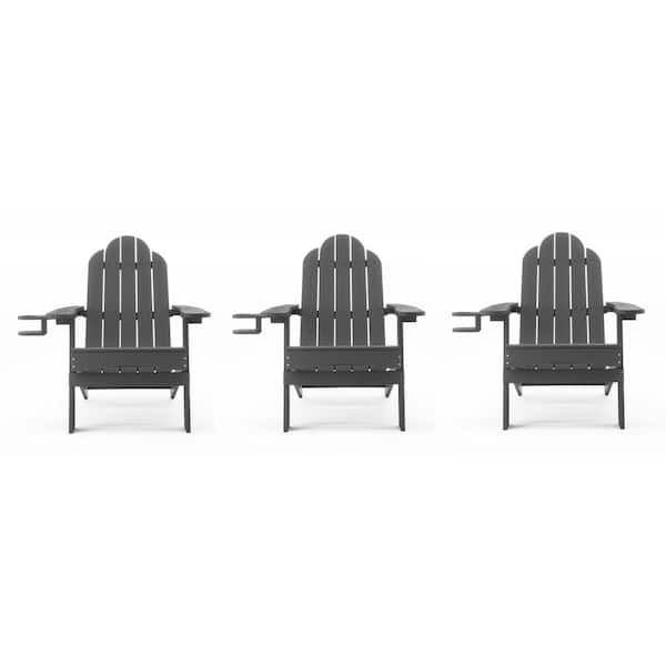 LUE BONA Dark Gray Foldable Plastic Outdoor Patio Adirondack Chair with Cup Holder for Garden/Backyard/Pool/Beach (Set of 3)