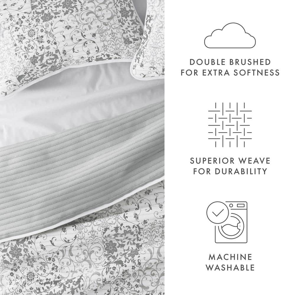 Light Gray Twin Reversible Microfiber Quilt Set with Shams