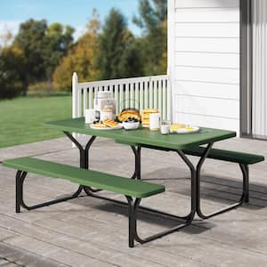 4.5 ft. Rectangular Outdoor Picnic Table Bench Set with 59 in. W Weatherproof Tabletop and Sturdy Steel Frame, Green