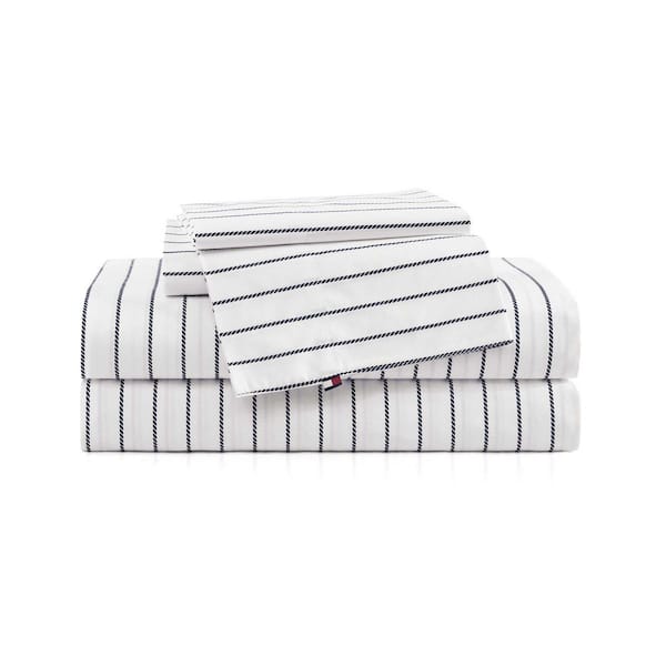 Rope Stripe 4-Piece White/Navy Blue Percale Cotton Queen Sheet Set