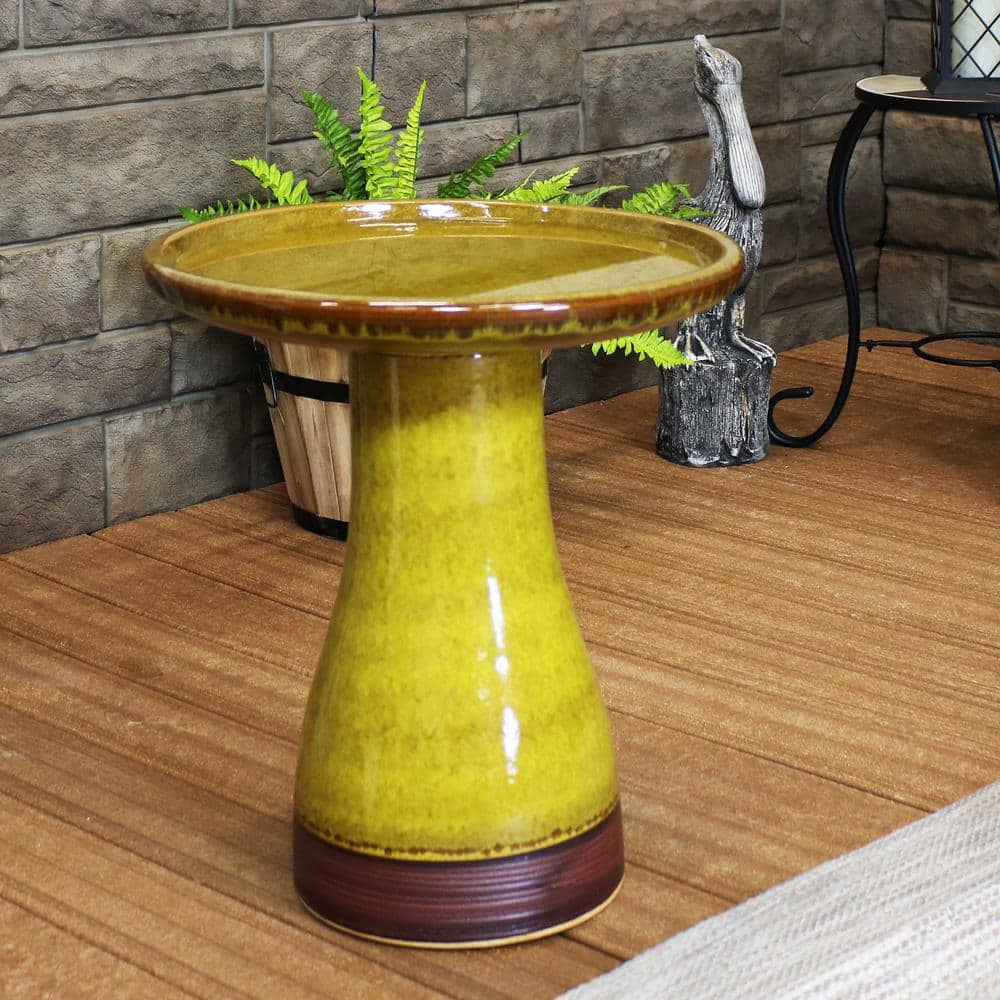 Cognac Yellow Ceramic Bird Bath with Ribbed Pedestal