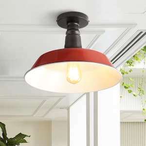 Camila 14 in. 1-Light Red/White Classic Industrial Indoor/Outdoor Iron LED Semi Flush Mount