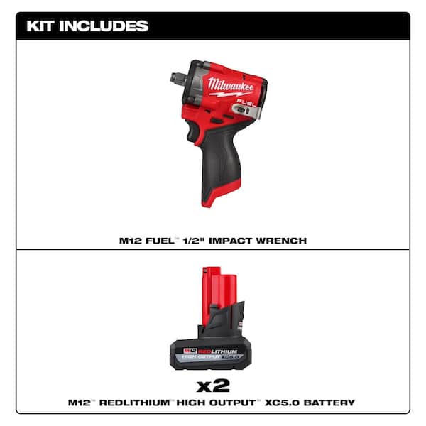 M12 FUEL 12V Lithium-Ion Brushless Cordless Stubby 1/2 in. Impact Wrench with M12 XC High Output 5 Ah Battery (2-Pack)