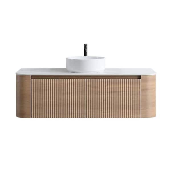 48" Wall-Mounted Bathroom Vanity with Sink, Honey Oak Cabinet, Single White Ceramic Basin with Towel Rack