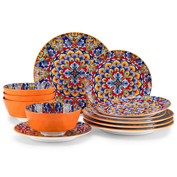 12-Piece Orange Porcelain Dinnerware Set Service for 4 Dining Set with Dinner Plates Dessert Plates and Bowls