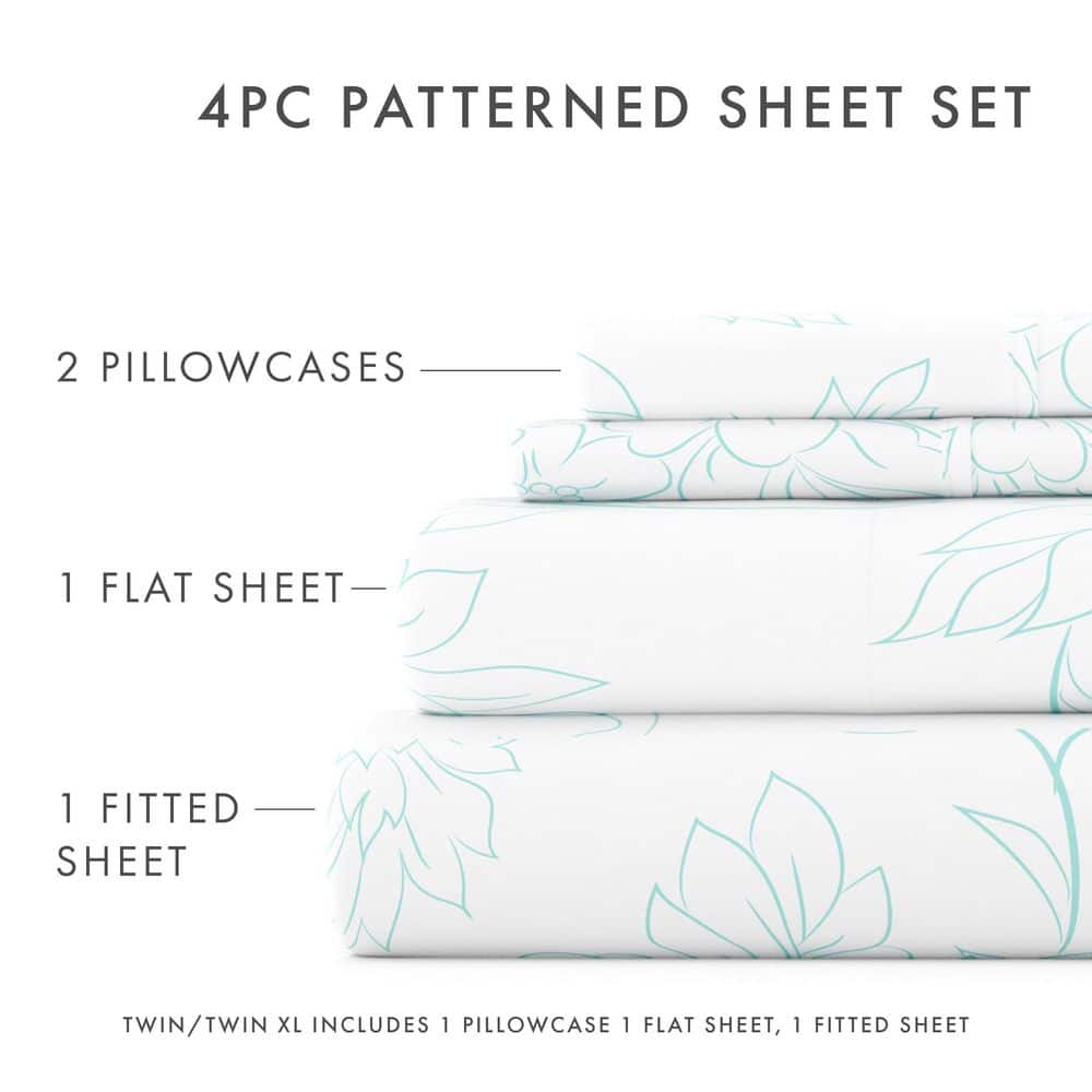 Aqua Floral Twin Cotton Polyester Microfiber Sheet Set