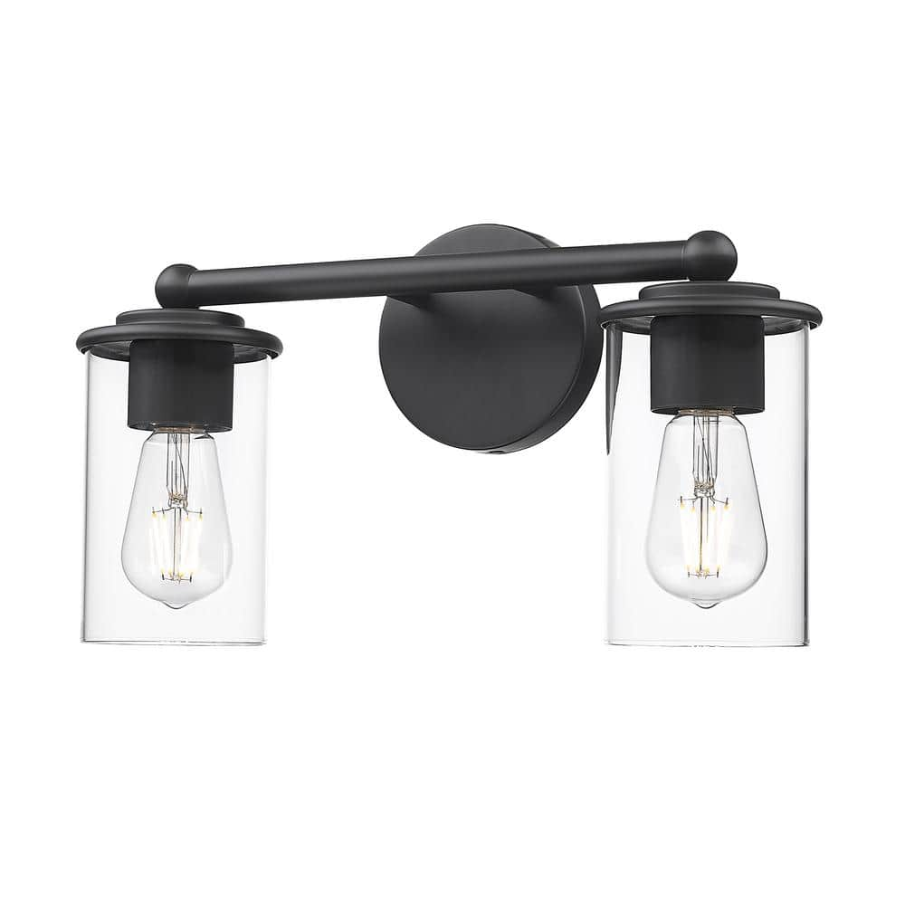 Thayer 16 in. 2-Light Matte Black Vanity Light with Clear Glass Shade ...