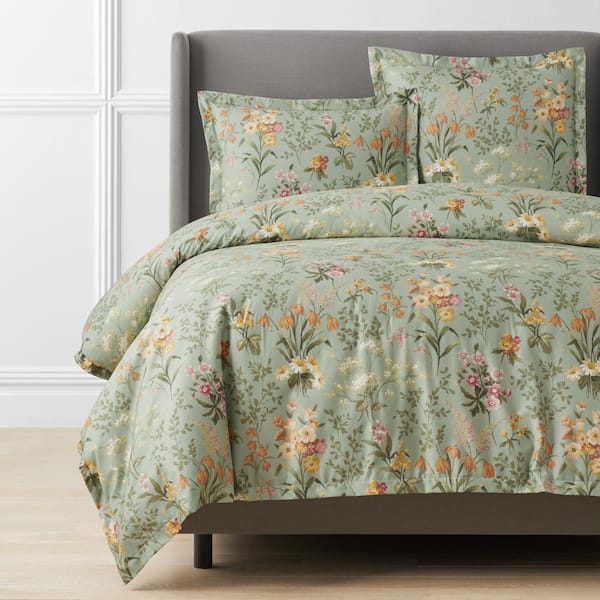 The Company Store Legends Hotel Sage Green Blooming Elegance King Wrinkle-Free Sateen Duvet Cover