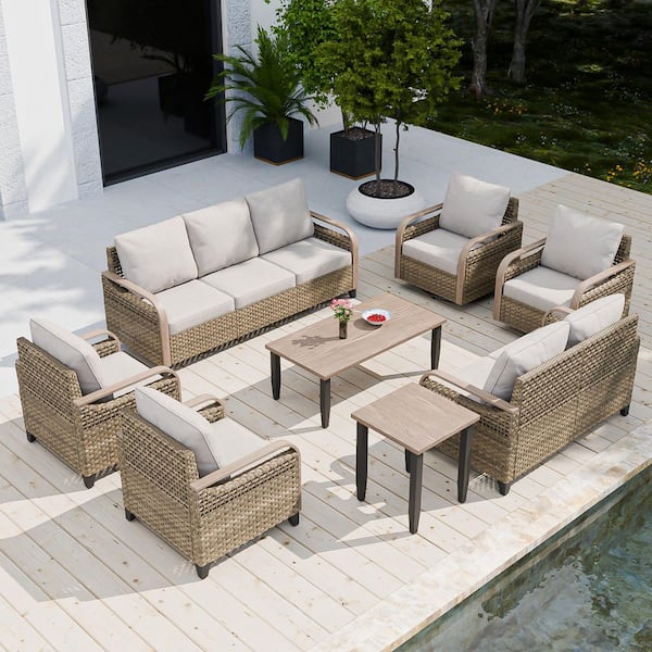 COOS BAY 8-Piece Wicker Outdoor Patio Conversation Seating Sofa Set with Swivel Chairs, Gray Cushions and Wood Grain Top Tables